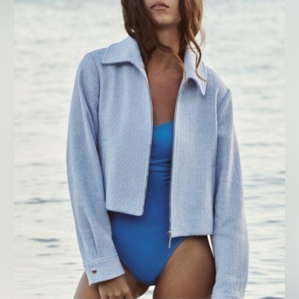 Zara Light Blue Women's Tweed Zip-Front Jacket